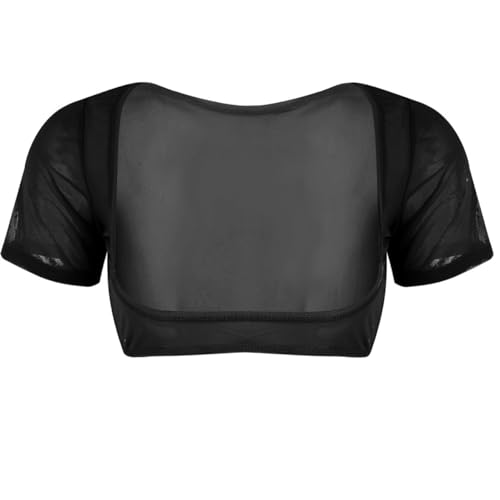 iEFiEL Transparente Damen Micro Bikini Top Kurzarm Unterhemd Bauchfreies Oberteil BH Crop Tops Bauchtanz Shirt Dessous Reizwäsche Schwarz Einheitsgröße von iEFiEL