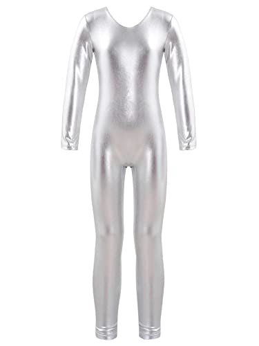 iEFiEL Turnanzug Kinder Mädchen Ganzkörperanzug Trikot Stretch Body Leotard Turnbody für Ballett Gymnastik Sport Training Dancewear X Silber Metallic 122-128 von iEFiEL