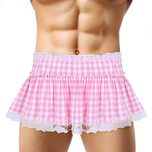 iEFiEL Unisex Herren Damen Minirock mit Spitzen Saum Sexy Sissy Dessous Kleid Kariert A-Linie Rock Kurze Faltenrock mit elastischem Bund Rosa L von iEFiEL