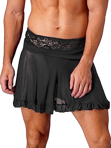 iEFiEL Unisex Herren Damen Minirock mit Spitzen Saum Sexy Sissy Dessous Kleid Kariert A-Linie Rock Kurze Faltenrock mit elastischem Bund X Schwarz Transparent 3XL von iEFiEL