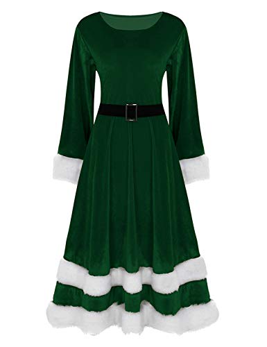 iEFiEL Weihnachten Party Kleider Damen Weihnachtsfrau Kostüm Miss Santa Kostüm Langarm Weihnachtskleider rotes Samt A-Linie Midikleid Grün 4XL von iEFiEL