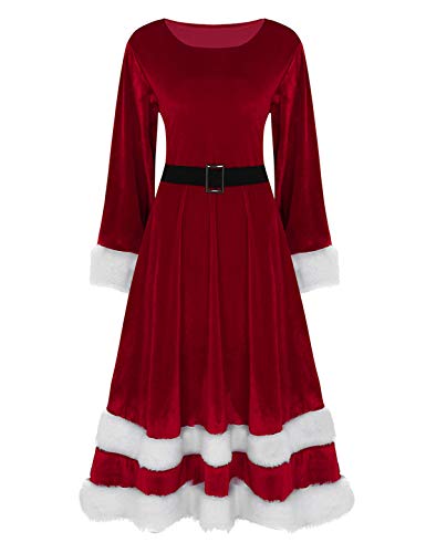 iEFiEL Weihnachten Party Kleider Damen Weihnachtsfrau Kostüm Miss Santa Kostüm Langarm Weihnachtskleider rotes Samt A-Linie Midikleid Rot 4XL von iEFiEL