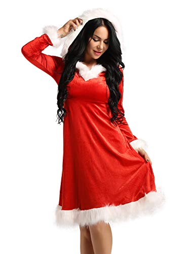 iEFiEL Weihnachten Party Kleider Damen Weihnachtsfrau Kostüm Miss Santa Kostüm Langarm Weihnachtskleider rotes Samt A-Linie Midikleid Rot A XXL von iEFiEL