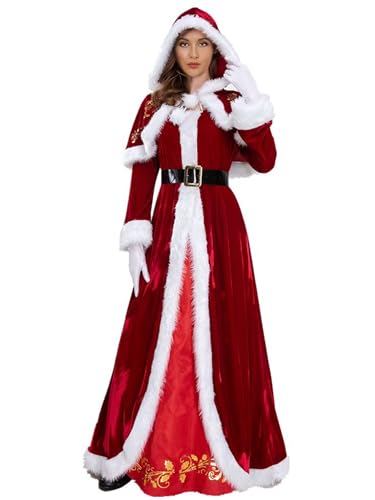 iEFiEL Weihnachten Party Kleider Damen Weihnachtsfrau Kostüm Miss Santa Kostüm Langarm Weihnachtskleider rotes Samt A-Linie Midikleid Rot G XXL von iEFiEL