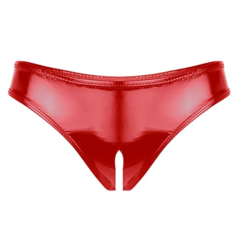 iEFiEL Wetlook Damen Hotpants Ouvert-Slip mit Spitze Rüsche Lackleder Strings Bikinislip Erotik Dessous Unterwäsche Shorts Rot (Ouvert) L von iEFiEL
