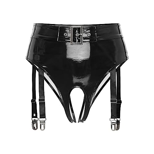 iEFiEL Wetlook Damen Hotpants Ouvert-Slip mit Spitze Rüsche Lackleder Strings Bikinislip Erotik Dessous Unterwäsche Shorts V Schwarz M von iEFiEL