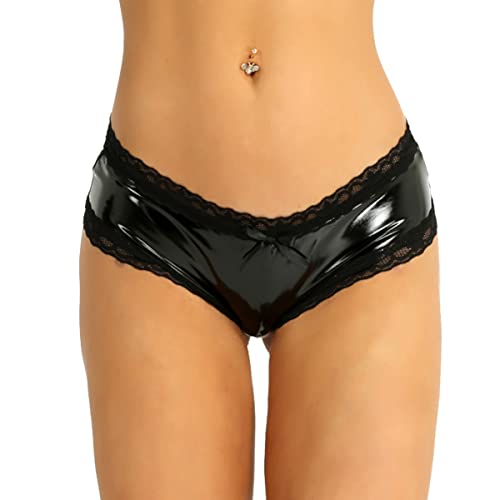 iEFiEL Wetlook Damen Hotpants Ouvert-Slip mit Spitze Rüsche Lackleder Strings Bikinislip Erotik Dessous Unterwäsche Shorts Schwarz 3XL von iEFiEL