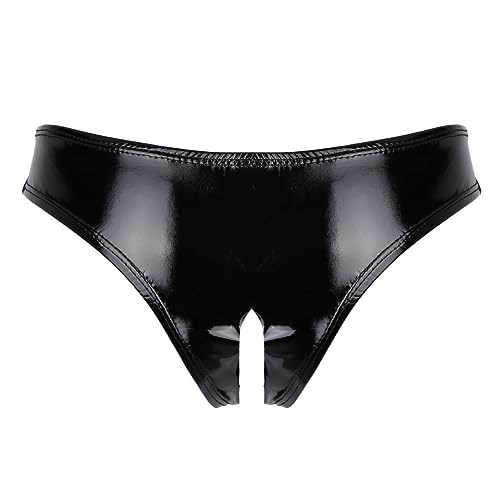 iEFiEL Wetlook Damen Hotpants Ouvert-Slip mit Spitze Rüsche Lackleder Strings Bikinislip Erotik Dessous Unterwäsche Shorts Schwarz (Ouvert) S von iEFiEL