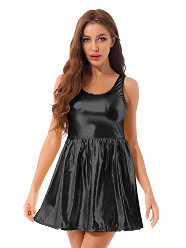 iEFiEL Wetlook Damen Kleid Ärmellos Partykleid A-Linie Skaterkleid Rundhals Lederkleid Clubkleid PVC Faltenrock Minikleid Schwarz B S von iEFiEL