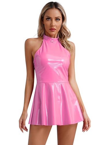 iEFiEL Wetlook Damen Kleid Ärmellos Partykleid A-Linie Skaterkleid Rundhals Lederkleid Clubkleid PVC Faltenrock Minikleid Xa Rosa Neckholder L von iEFiEL