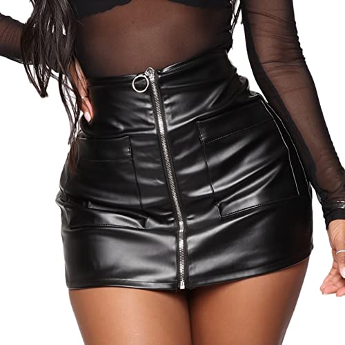 iEFiEL Wetlook Damen Rock High Waist Leder-Optik Minirock Asymmetrischer Rock Kurz Bodycon Bleistiftrock Figurbetontes Rock Clubwear Tb Schwarz XL von iEFiEL