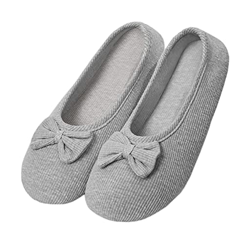 Damen Mädchen Baumwolle Geschlossene Hausschuhe Weicher Ballerina Slippers mit Süßer Schleife Indoor Gemütlich Warme Slippers Leicht Hausschuhe für Schlafzimmer Wohnzimmer Büro (M, Grau, numeric_37) von iEasey