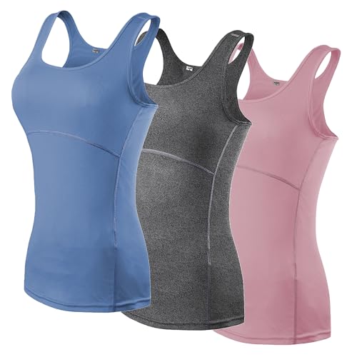 Damen Kompressions-Tanktop, ärmellos, trocken geschnitten, 3er-Pack: Dusty Blue, Grau, Altrosa, M von iEventStar