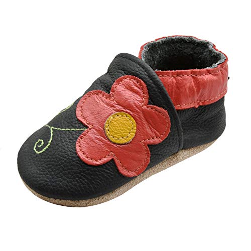 iEvolve Baby Mädchen Jungen Sterne Babyschuhe Baby Weiche Sohle Lederschuhe Baby Lauflernschuhe Krabbelschuhe(Schwarz Blume,0-6 Monate) von iEvolve