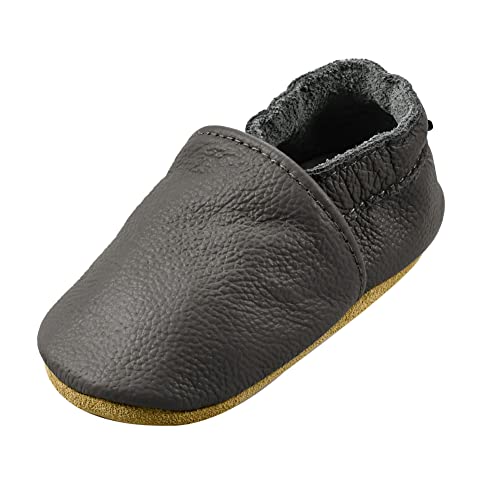 iEvolve Babyschuhe Baby Krabbelschuhe Baby Lauflernschuhe Kinder Hausschuhe aus weichem Leder Einfarbig für Mädchen und Jungen(Dunkelgrau,18-24 Monate) von iEvolve