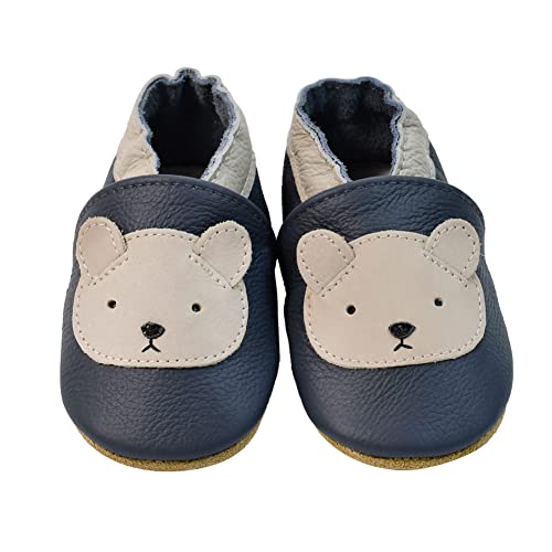 iEvolve Babyschuhe Baby Krabbelschuhe Baby Lauflernschuhe Kinder Hausschuhe aus weichem Leder Einfarbig für Mädchen und Jungen(Marineblau Bär,6-12 Monate) von iEvolve