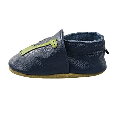 iEvolve Babyschuhe Baby Krabbelschuhe Baby Lauflernschuhe Kinder Hausschuhe aus weichem Leder Einfarbig für Mädchen und Jungen(Marineblau Dinosaurier,12-18 Monate) von iEvolve