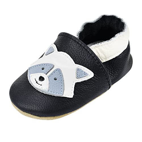 iEvolve Babyschuhe Baby Krabbelschuhe Baby Lauflernschuhe Kinder Hausschuhe aus weichem Leder Einfarbig für Mädchen und Jungen(Schwarz Waschbär,18-24 Monate) von iEvolve