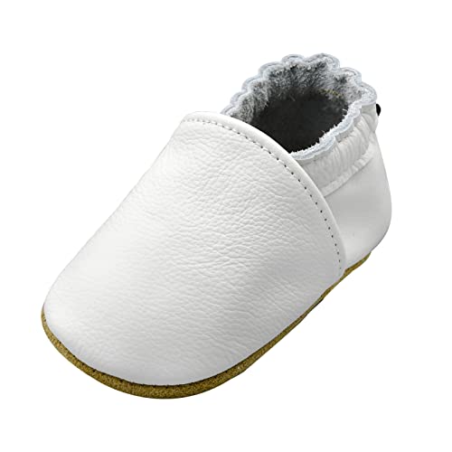 iEvolve Babyschuhe Baby Krabbelschuhe Baby Lauflernschuhe Kinder Hausschuhe aus weichem Leder Einfarbig für Mädchen und Jungen(Weiß,12-18 Monate) von iEvolve