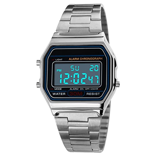 iFCOW Herren-Digitaluhr, Business-Uhr für Herren, 3 ATM wasserdicht, Edelstahl, Sportuhr, digitale Armbanduhr, silber, Armband von iFCOW