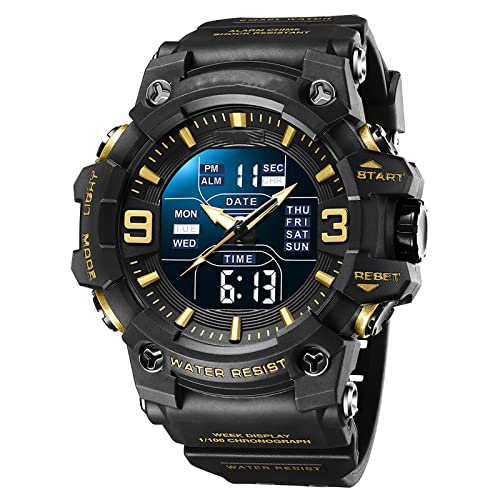 iFCOW Herren-Digitaluhr, analog, Sportuhr, Outdoor, wasserdicht, digital und analog, Dual-Display-Armbanduhr, Schwarz und Gold, M, modisch von iFCOW