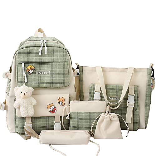 iFCOW Schultaschen-Set, 5-teiliges Rucksack-Set, Segeltuch, Kawaii-Schultasche mit Bären-Anhänger, Lunch-Tasche, Federmäppchen für Teenager, Mädchen, grün, Medium von iFCOW