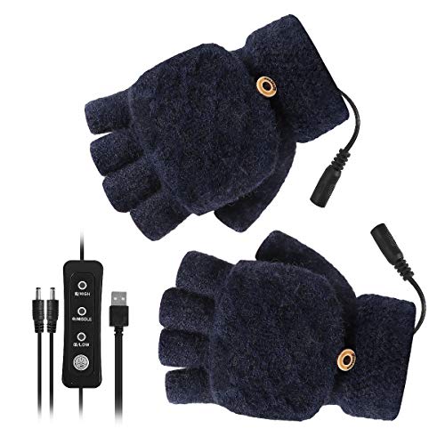 iFCOW Unisex USB Beheizte Handschuhe, Herren Damen Winter Elektrische Heizhandschuhe Fäustling 3 Temperatureinstellungen Gr. Medium, dunkelblau von iFCOW