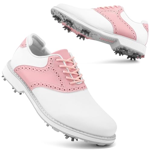 Ifrich Professionelle Golf-Sneaker für Damen, Spikes, wasserdicht, Golf-Sportschuhe, Damen-Golf-Trainings-Sneaker mit Spikes, Weiß, Pink, 35.5 EU von iFRich