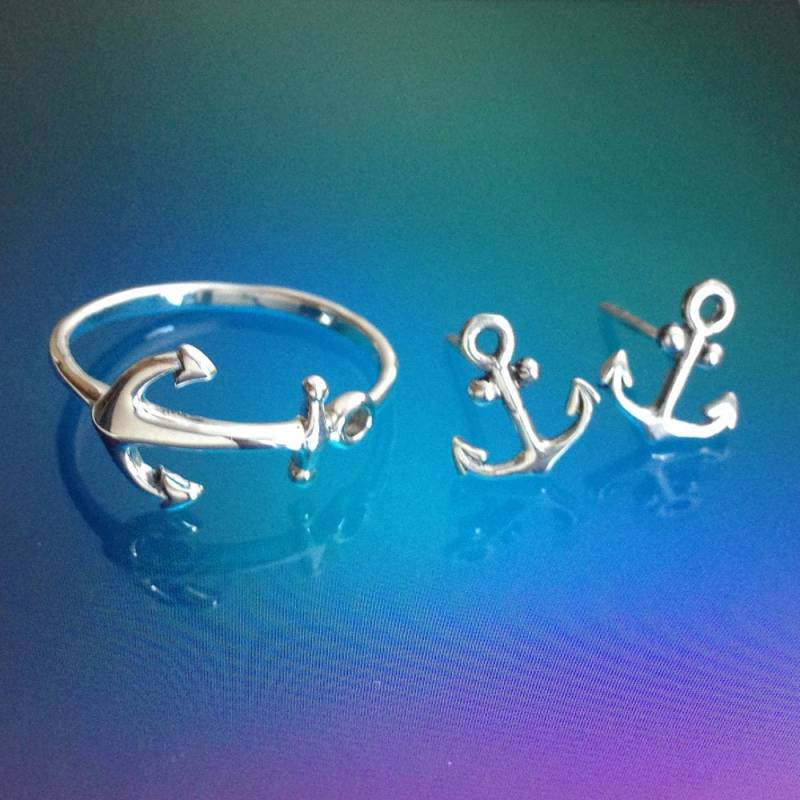 925 Sterling Silber Anker Ohrringe/Ring-Anker Ring Set-Anker Ohrstecker Set-Oxidiert von iGiftJewelry