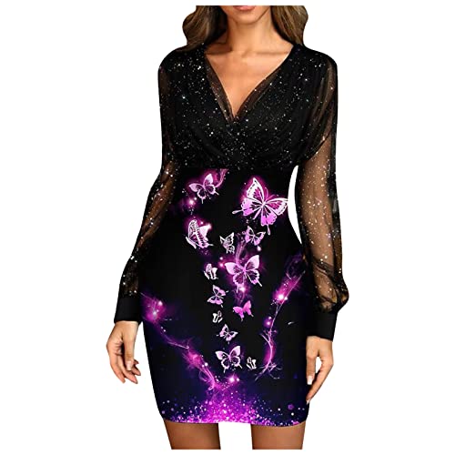 Damen Abendkleid Schmetterling Kleider Spitzenkleid mit Glitzer Kleid Partykleid Elegant Vintage Tunika Tüllkleid V-Ausschnitt Sexy Langarm Ballkleid Minikleid Knielang Paillettenkleid (Violett,S) von iHENGH