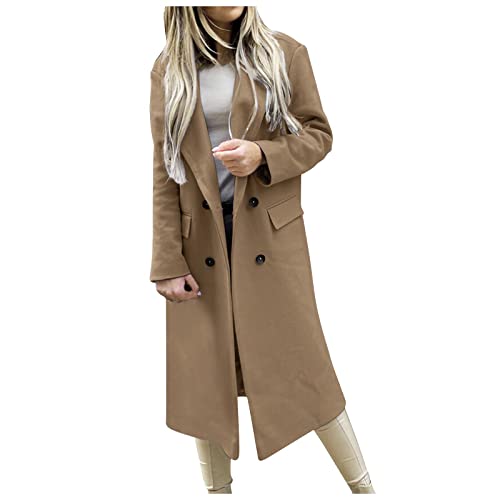 iHENGH Damen Winter Blazer Wollmantel,Lang Mantel Warme üBergangsjacke Office Lady Einfarbig Slim Fit Revers Blazer Jacke(Z-Khaki,L) von iHENGH