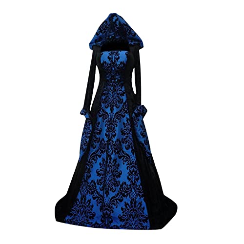 iHENGH Halloween Kostüm Damen Gothic Kleidung Übergröße Schnürkleid mit Kapuze, Vintage Mittelalter Kleid Trompetenärmel Maxikleider Renaissance Karneval Party Festlich Cosplay Dress (Z-Blau,L) von iHENGH