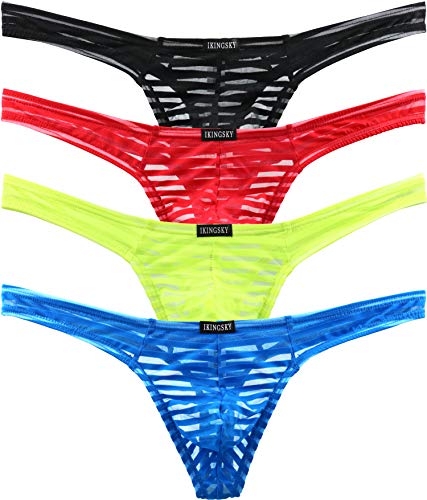 iKingsky Durchschauen Herren Strings Ausbuchtung T-Back Männer Unterwäsche Sexy Aiedrigen Taillen Tanga Unterhose (Medium, 4er Pack) von iKingsky