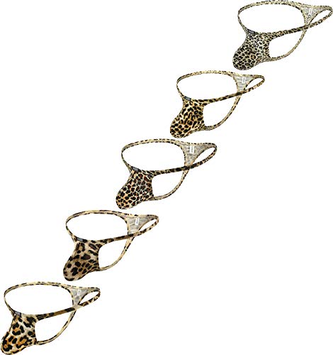 iKingsky Herren Leopard Strings mit Großem Beutel Aiedrigen Taillen Y-Back Männer Unterwäsche Tanga Sexy Ausbuchtung Unterhose (Small, 5er Pack) von iKingsky