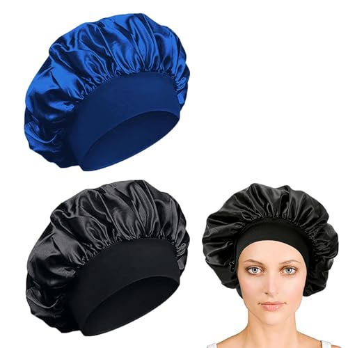 iLamvie 2 Stück Satin Haarhaube, Nacht Schlafhaube,Schlafhaube Haare Schützen,Satinhaube Zum Schlafen,Haarnetz Für Damen Und Mädchen(Schwarz+blau) von iLamvie