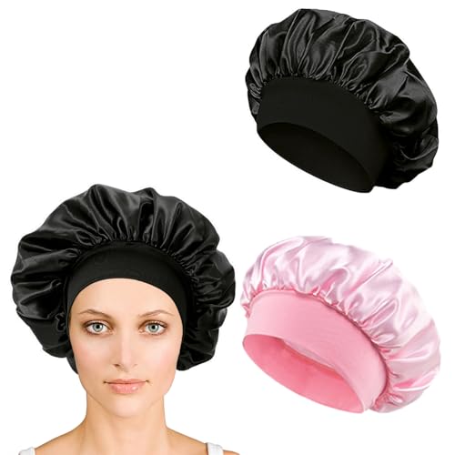 iLamvie 2 Stück Satin Haarhaube, Nacht Schlafhaube,Schlafhaube Haare Schützen,Satinhaube Zum Schlafen,Haarnetz Für Damen Und Mädchen(pink+Schwarz) von iLamvie
