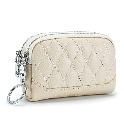 iLovBty Damen Mädchen Leder Kleingeld Geldbörse Portemonnaie Geldbeutel Mini Münzbeutel Münzbörse mit Schlüsselanhänger 2 Reißverschlussfach Lingge (Beige) von iLovBty