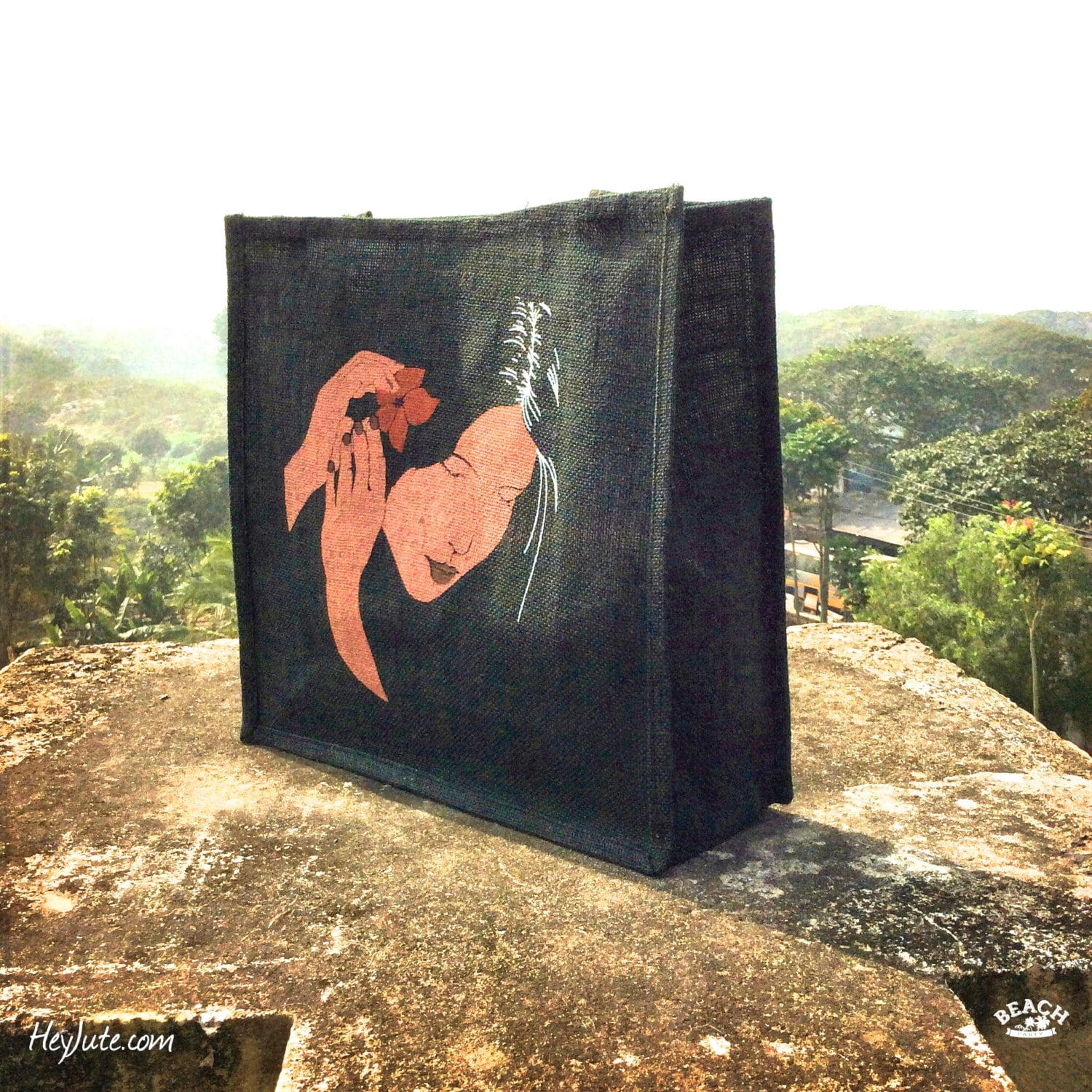 Jutetasche Einkaufstasche Handbedrucktes Muster Schwarz Hawaii von iLoveHeyJute