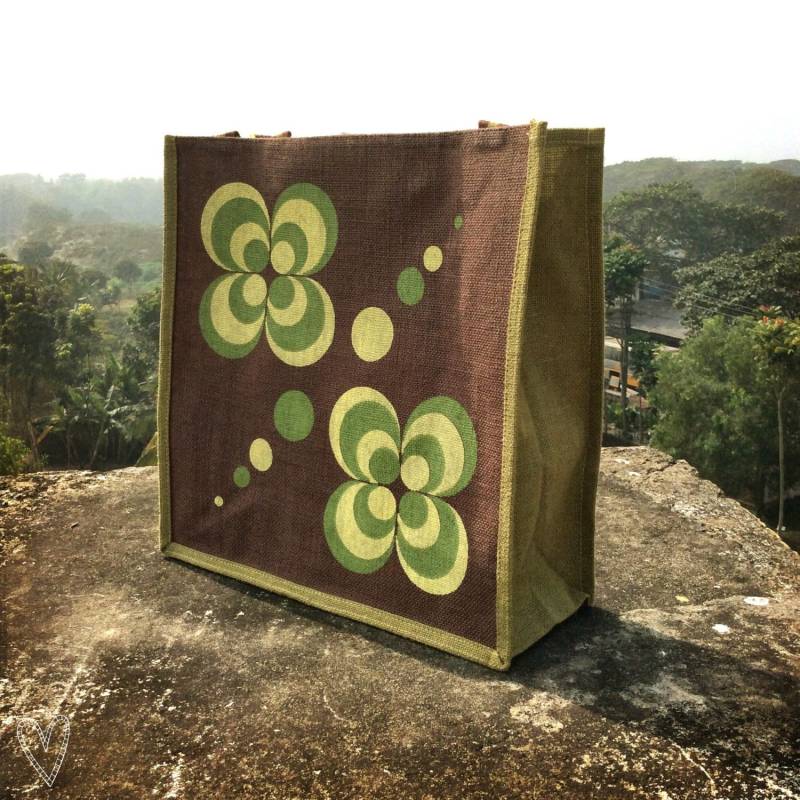 strandtasche, Jutetasche, Einkaufstasche, Braun & Creme Handbedrucktes Muster Retro von iLoveHeyJute