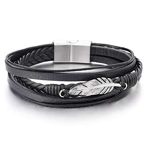 Edelstahl Feder Multi-strang Schwarz Geflochtene Lederarmband Armreif für Herren Damen von COOLSTEELANDBEYOND