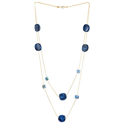 COOLSTEELANDBEYOND Elegante Gold Statement Halskette Zwei Strang Lange Kette mit Blau Würfel Kristall Perlen und Kreis Charme Anhänger von COOLSTEELANDBEYOND