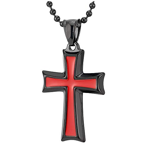 COOLSTEELANDBEYOND Herren Damen Edelstahl-Halskette Schwarzer Kreuz Anhänger mit Rot Emaille, 60CM Stahl Kugelkette von COOLSTEELANDBEYOND