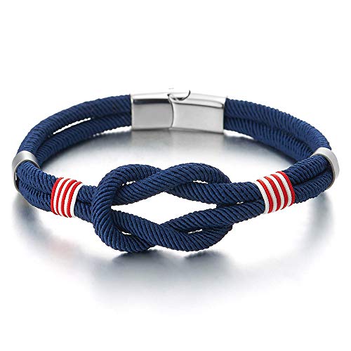 COOLSTEELANDBEYOND Herren Damen Freundschaftsbänder Nautischen Knoten Navy Blau Baumwolle Riemen Doppel-Lap Armband, Edelstahl Verschluss von COOLSTEELANDBEYOND