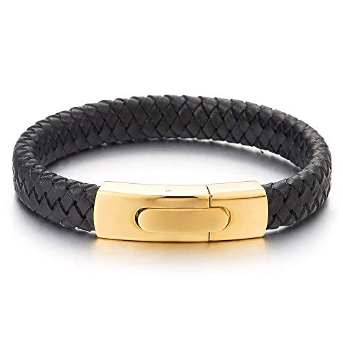iMECTALII Herren Damen Schwarz Geflochtenes Leder Armreif Schweißband Armband mit Goldfarben Edelstahl Federringverschluss von iMECTALII