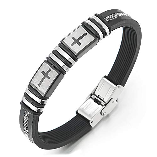 iMECTALII Herren Edelstahl Kreuz ID Identifizierung Schwarz Silikon Armband Armreif Eingelegt mit Stahlkabel Kette von iMECTALII