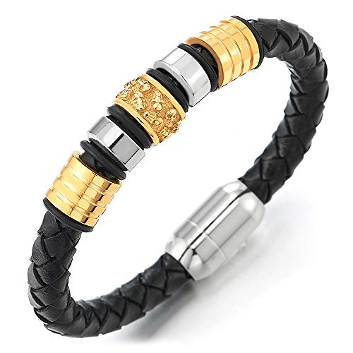 iMECTALII Herren Schwarz Geflochtenem Lederarmband Armband Leder Armreif mit Edelstahl Schädel Charme Silber Gold von iMECTALII