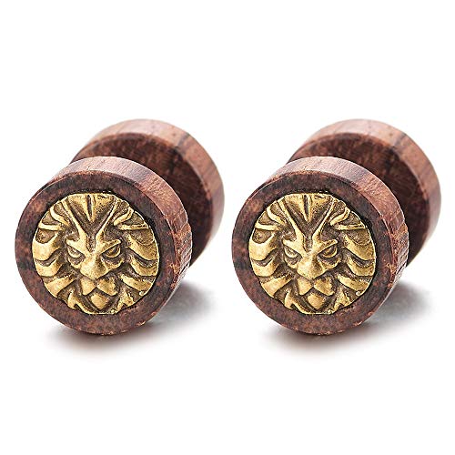 Herren Damen Gold Löwenkopf Holz Kreis Ohrstecker Ohrringe, Fake Plugs Ohr Cheater Tunnel Gauges Ohr-Piercing Edelstahl von COOLSTEELANDBEYOND