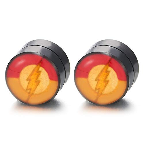 Herren Damen Magnetische Schwarz Kreis Ohrstecker Ohrringe mit Gelb Rot Blitz, Click-on Fake Piercing Plug Tunnel Gauge von iMECTALII