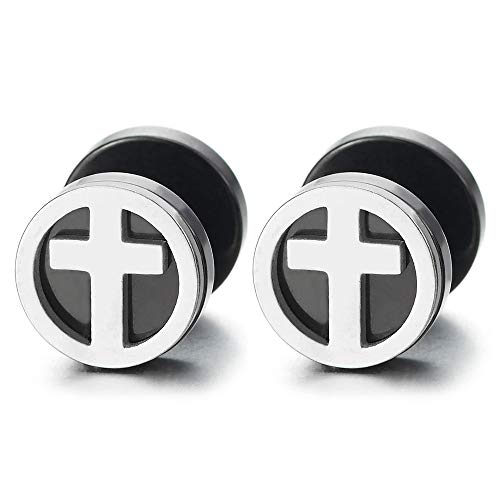 iMETACLII 10MM Herren Damen Silber Schwarz Kreuz Kreis Ohrstecker Ohrringe Fake Plugs Ohr Cheater Tunnel Gauges Edelstahl, 1 Paar von iMETACLII