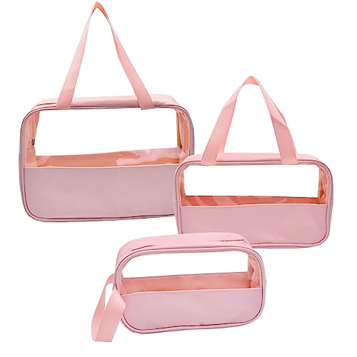 Kulturbeutel Transparent 3 Stück, Durchsichtige Kosmetiktasche Tragbar Kulturtasche Damen Reise Schminktasche, Wasserdicht PVC Make Up Tasche für Männer Frauen (Rosa) von iMeshbean